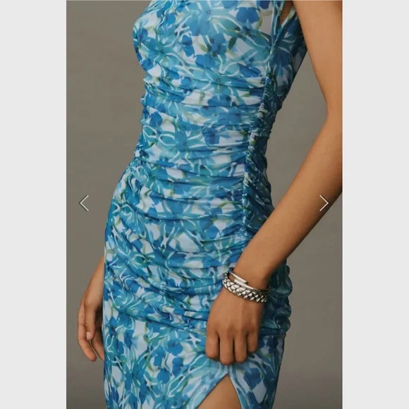 Anthropologie The Maya Ruched Cowl-Neck Dress Mesh Edition Blue Floral Dress - Picture 4 of 16